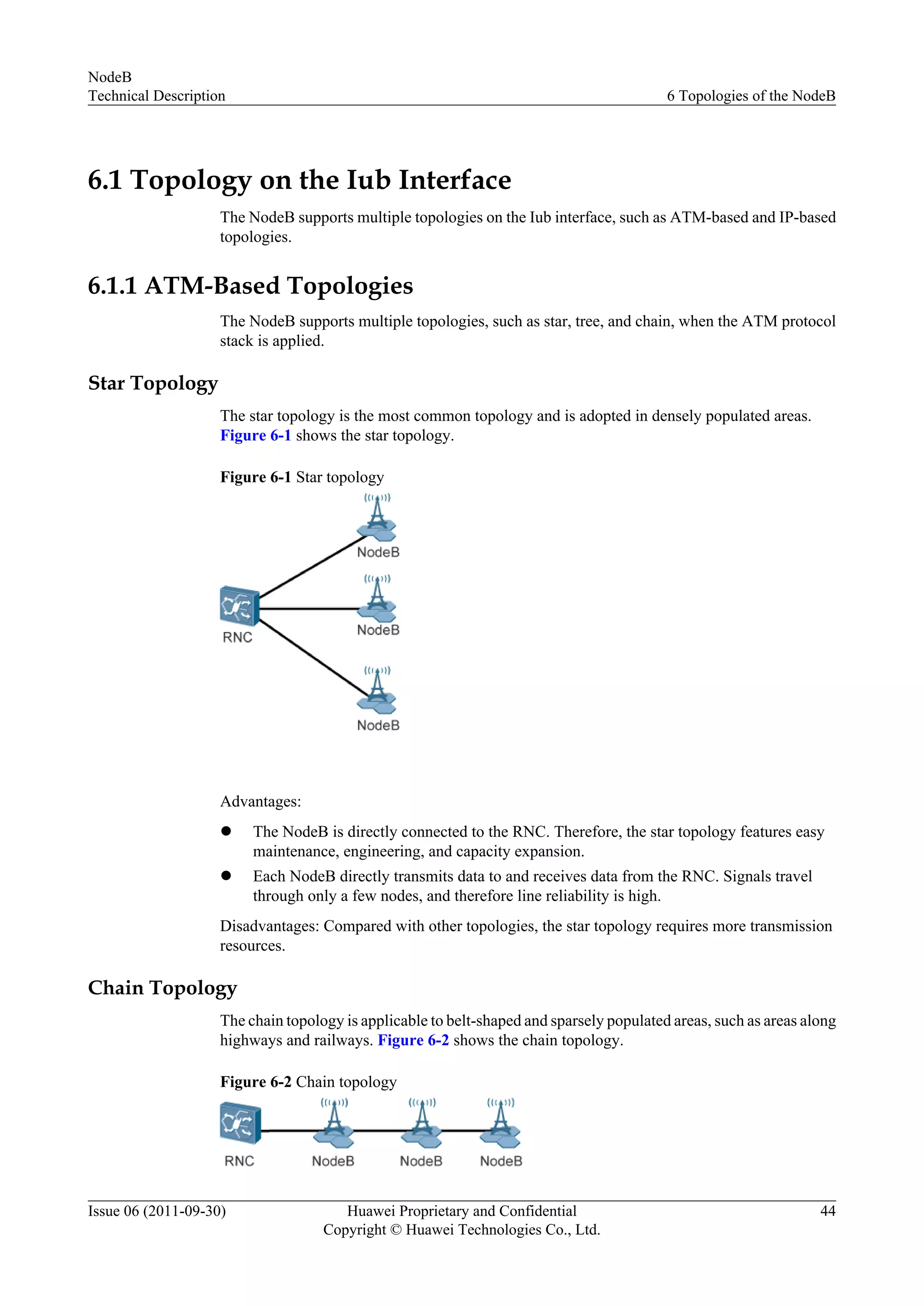 6.1 Topology on the Iub Interface
The NodeB supports multiple topologies on the Iub interface, such as ATM-based and IP-based
topologies.
6.1.1 ATM-Based Topologies
The NodeB supports multiple topologies, such as star, tree, and chain, when the ATM protocol
stack is applied.
Star Topology
The star topology is the most common topology and is adopted in densely populated areas.
Figure 6-1 shows the star topology.
Figure 6-1 Star topology
Advantages:
l The NodeB is directly connected to the RNC. Therefore, the star topology features easy
maintenance, engineering, and capacity expansion.
l Each NodeB directly transmits data to and receives data from the RNC. Signals travel
through only a few nodes, and therefore line reliability is high.
Disadvantages: Compared with other topologies, the star topology requires more transmission
resources.
Chain Topology
The chain topology is applicable to belt-shaped and sparsely populated areas, such as areas along
highways and railways. Figure 6-2 shows the chain topology.
Figure 6-2 Chain topology
NodeB
Technical Description 6 Topologies of the NodeB
Issue 06 (2011-09-30) Huawei Proprietary and Confidential
Copyright © Huawei Technologies Co., Ltd.
44
 