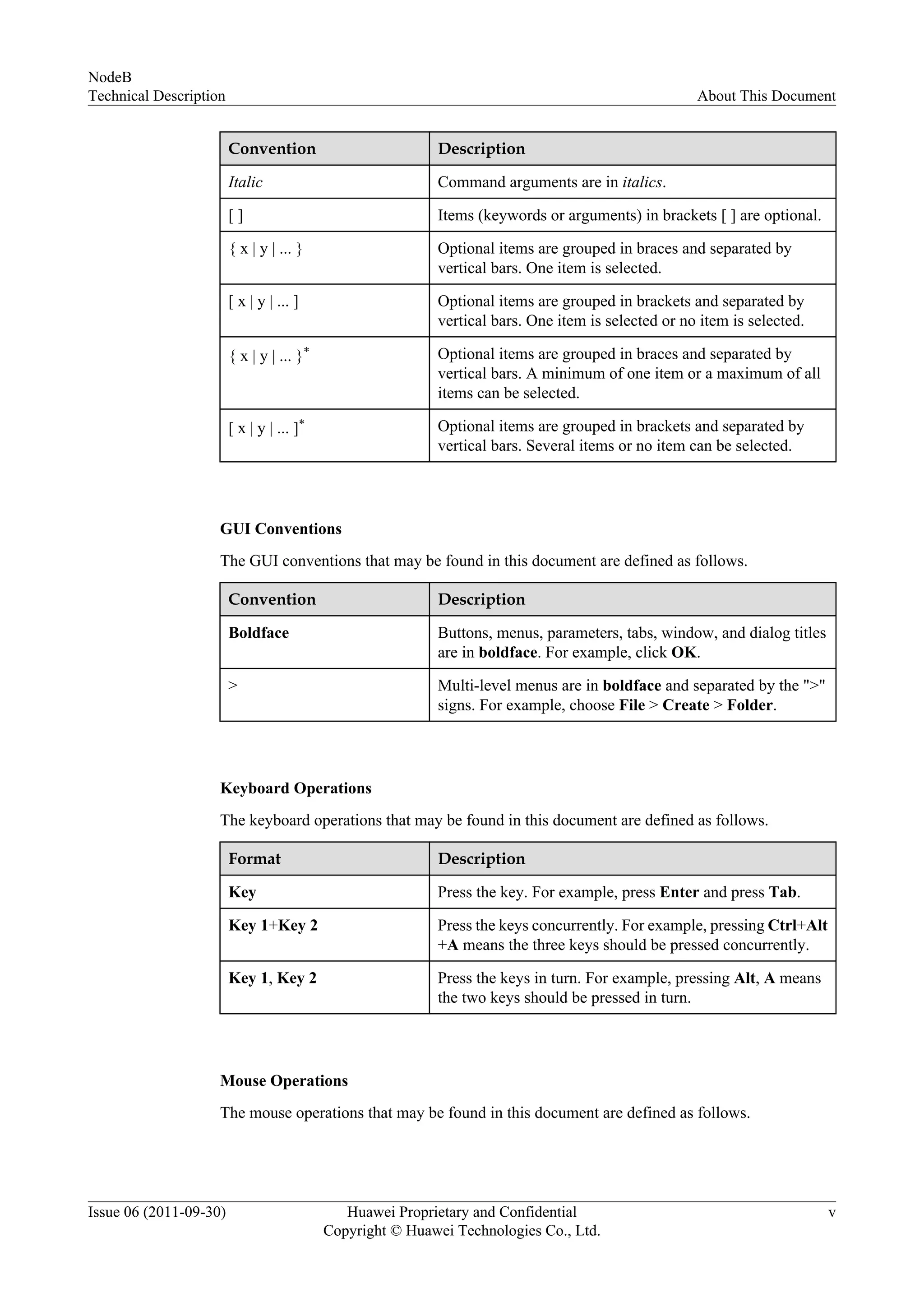 Convention Description
Italic Command arguments are in italics.
[ ] Items (keywords or arguments) in brackets [ ] are optional.
{ x | y | ... } Optional items are grouped in braces and separated by
vertical bars. One item is selected.
[ x | y | ... ] Optional items are grouped in brackets and separated by
vertical bars. One item is selected or no item is selected.
{ x | y | ... }* Optional items are grouped in braces and separated by
vertical bars. A minimum of one item or a maximum of all
items can be selected.
[ x | y | ... ]* Optional items are grouped in brackets and separated by
vertical bars. Several items or no item can be selected.
GUI Conventions
The GUI conventions that may be found in this document are defined as follows.
Convention Description
Boldface Buttons, menus, parameters, tabs, window, and dialog titles
are in boldface. For example, click OK.
> Multi-level menus are in boldface and separated by the ">"
signs. For example, choose File > Create > Folder.
Keyboard Operations
The keyboard operations that may be found in this document are defined as follows.
Format Description
Key Press the key. For example, press Enter and press Tab.
Key 1+Key 2 Press the keys concurrently. For example, pressing Ctrl+Alt
+A means the three keys should be pressed concurrently.
Key 1, Key 2 Press the keys in turn. For example, pressing Alt, A means
the two keys should be pressed in turn.
Mouse Operations
The mouse operations that may be found in this document are defined as follows.
NodeB
Technical Description About This Document
Issue 06 (2011-09-30) Huawei Proprietary and Confidential
Copyright © Huawei Technologies Co., Ltd.
v
 