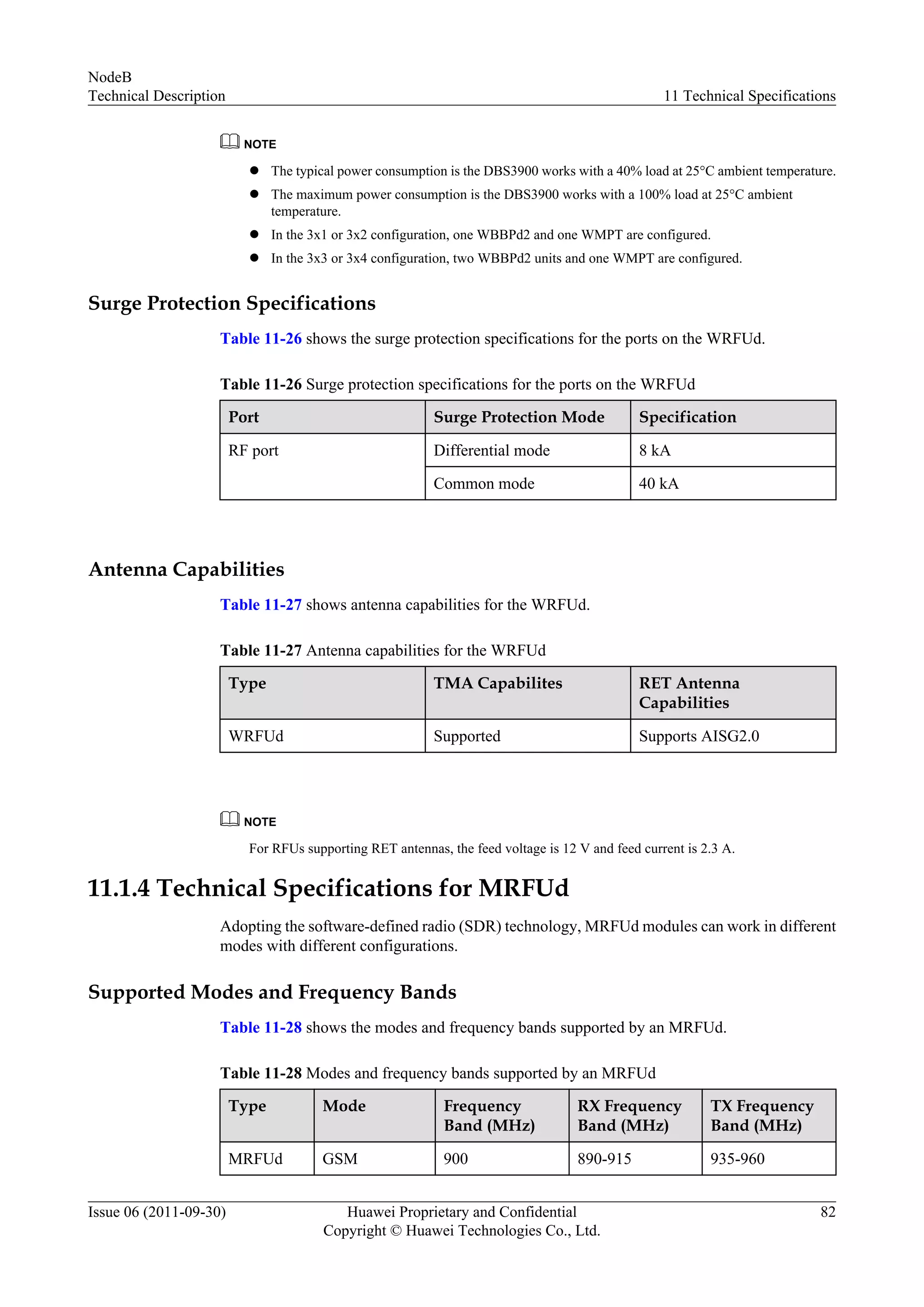 NOTE
l The typical power consumption is the DBS3900 works with a 40% load at 25°C ambient temperature.
l The maximum power consumption is the DBS3900 works with a 100% load at 25°C ambient
temperature.
l In the 3x1 or 3x2 configuration, one WBBPd2 and one WMPT are configured.
l In the 3x3 or 3x4 configuration, two WBBPd2 units and one WMPT are configured.
Surge Protection Specifications
Table 11-26 shows the surge protection specifications for the ports on the WRFUd.
Table 11-26 Surge protection specifications for the ports on the WRFUd
Port Surge Protection Mode Specification
RF port Differential mode 8 kA
Common mode 40 kA
Antenna Capabilities
Table 11-27 shows antenna capabilities for the WRFUd.
Table 11-27 Antenna capabilities for the WRFUd
Type TMA Capabilites RET Antenna
Capabilities
WRFUd Supported Supports AISG2.0
NOTE
For RFUs supporting RET antennas, the feed voltage is 12 V and feed current is 2.3 A.
11.1.4 Technical Specifications for MRFUd
Adopting the software-defined radio (SDR) technology, MRFUd modules can work in different
modes with different configurations.
Supported Modes and Frequency Bands
Table 11-28 shows the modes and frequency bands supported by an MRFUd.
Table 11-28 Modes and frequency bands supported by an MRFUd
Type Mode Frequency
Band (MHz)
RX Frequency
Band (MHz)
TX Frequency
Band (MHz)
MRFUd GSM 900 890-915 935-960
NodeB
Technical Description 11 Technical Specifications
Issue 06 (2011-09-30) Huawei Proprietary and Confidential
Copyright © Huawei Technologies Co., Ltd.
82
 