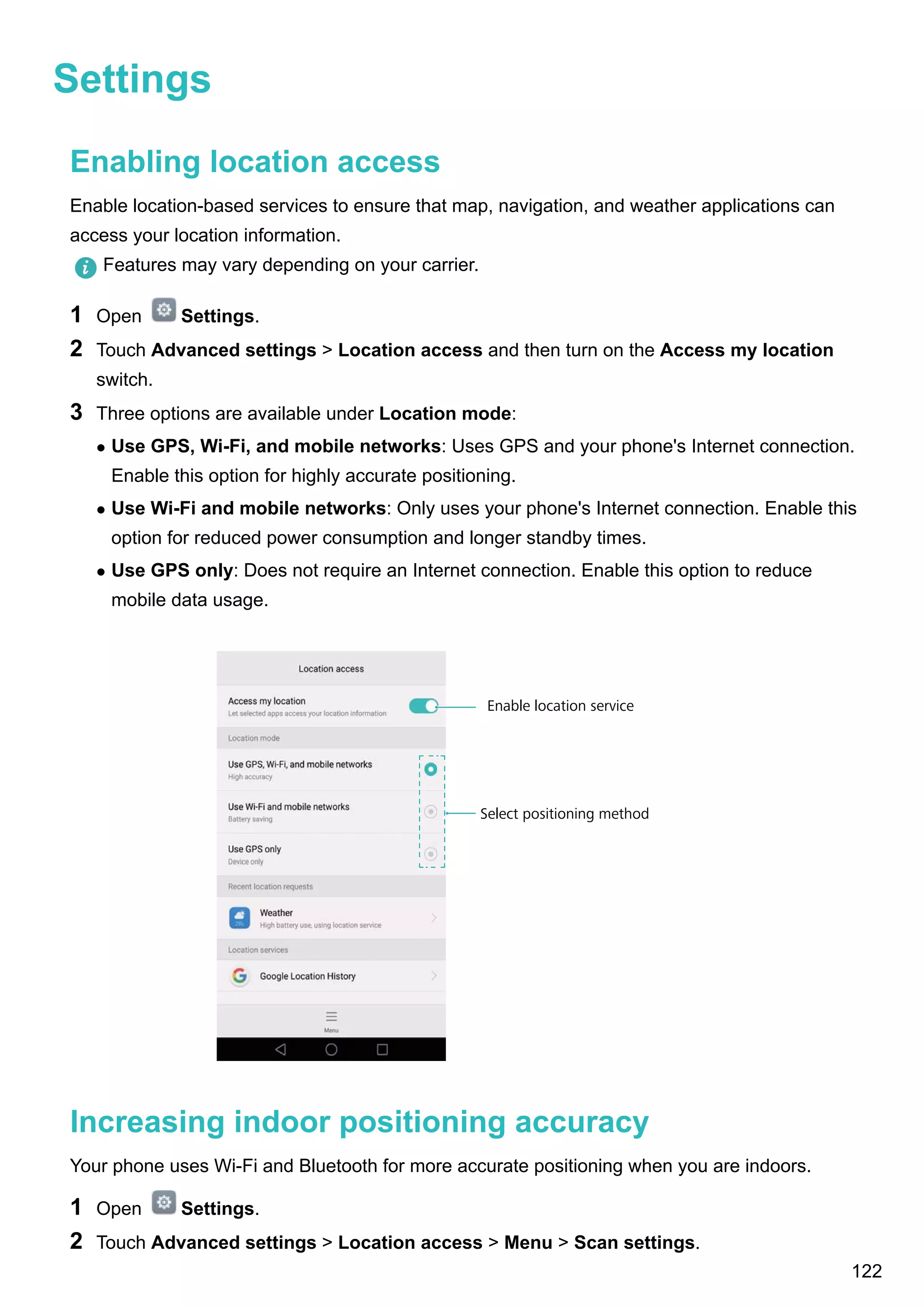 Settings
Enabling location access
Enable location-based services to ensure that map, navigation, and weather applications can
access your location information.
Features may vary depending on your carrier.
1 Open Settings.
2 Touch Advanced settings > Location access and then turn on the Access my location
switch.
3 Three options are available under Location mode:
l Use GPS, Wi-Fi, and mobile networks: Uses GPS and your phone's Internet connection.
Enable this option for highly accurate positioning.
l Use Wi-Fi and mobile networks: Only uses your phone's Internet connection. Enable this
option for reduced power consumption and longer standby times.
l Use GPS only: Does not require an Internet connection. Enable this option to reduce
mobile data usage.
Enable location service
Select positioning method
Increasing indoor positioning accuracy
Your phone uses Wi-Fi and Bluetooth for more accurate positioning when you are indoors.
1 Open Settings.
2 Touch Advanced settings > Location access > Menu > Scan settings.
122
 