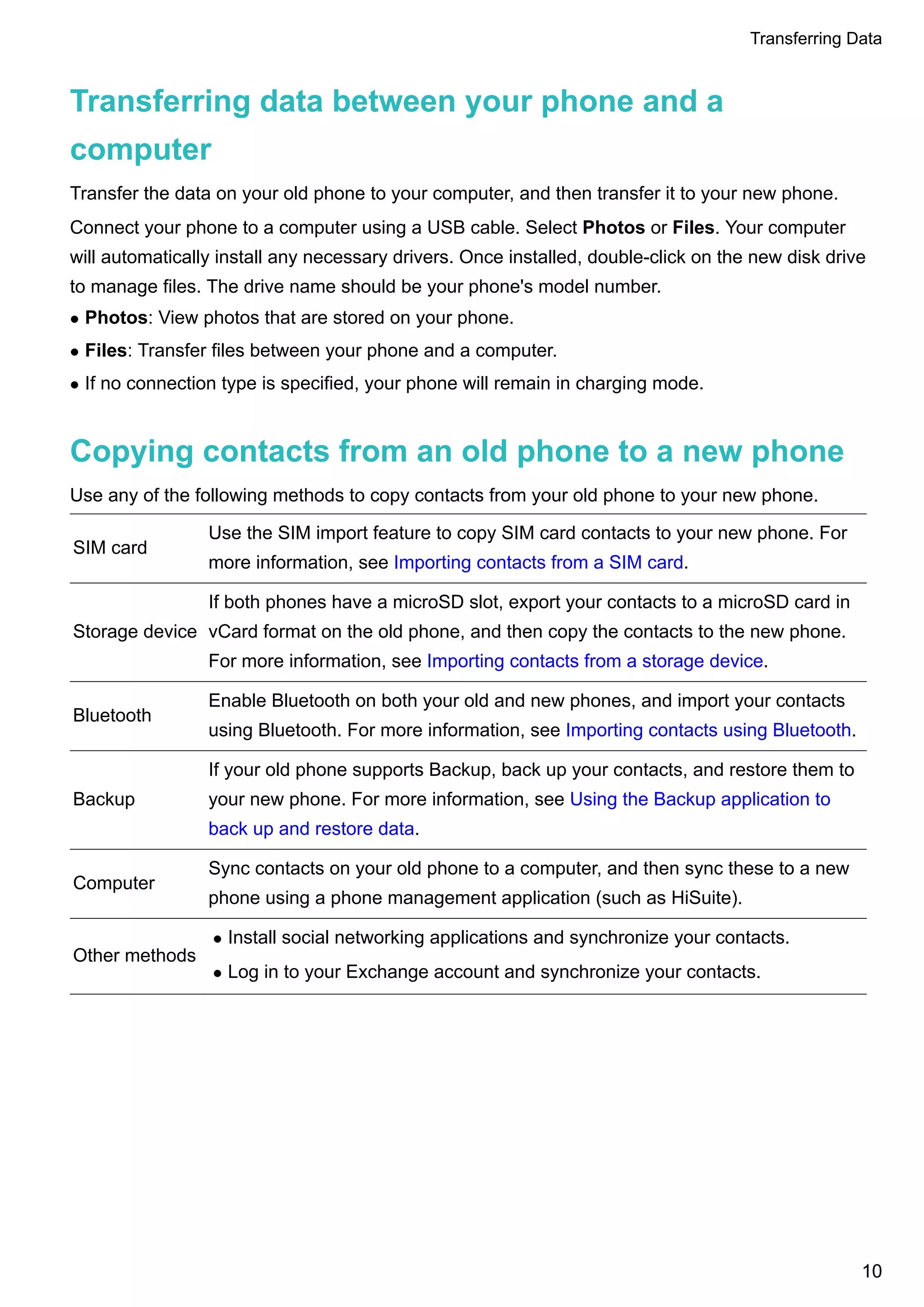Transferring data between your phone and a
computer
Transfer the data on your old phone to your computer, and then transfer it to your new phone.
Connect your phone to a computer using a USB cable. Select Photos or Files. Your computer
will automatically install any necessary drivers. Once installed, double-click on the new disk drive
to manage files. The drive name should be your phone's model number.
l Photos: View photos that are stored on your phone.
l Files: Transfer files between your phone and a computer.
l If no connection type is specified, your phone will remain in charging mode.
Copying contacts from an old phone to a new phone
Use any of the following methods to copy contacts from your old phone to your new phone.
SIM card
Use the SIM import feature to copy SIM card contacts to your new phone. For
more information, see Importing contacts from a SIM card.
Storage device
If both phones have a microSD slot, export your contacts to a microSD card in
vCard format on the old phone, and then copy the contacts to the new phone.
For more information, see Importing contacts from a storage device.
Bluetooth
Enable Bluetooth on both your old and new phones, and import your contacts
using Bluetooth. For more information, see Importing contacts using Bluetooth.
Backup
If your old phone supports Backup, back up your contacts, and restore them to
your new phone. For more information, see Using the Backup application to
back up and restore data.
Computer
Sync contacts on your old phone to a computer, and then sync these to a new
phone using a phone management application (such as HiSuite).
Other methods
l Install social networking applications and synchronize your contacts.
l Log in to your Exchange account and synchronize your contacts.
Transferring Data
10
 