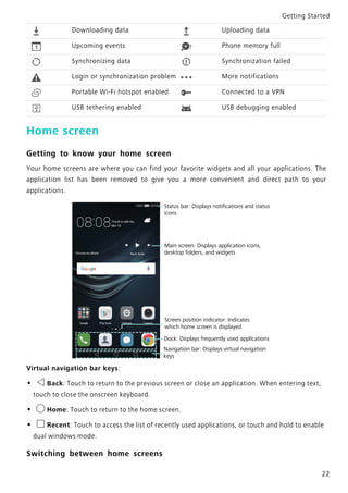 Getting Started
22
Home screen
Getting to know your home screen
Your home screens are where you can find your favorite wid...