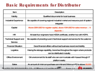Basic Requirements for Distributor An amount of minimum purchase commitment /Minimum PO is above  50,000  USD  Sales OA environment for its staff who can communicate with Huawei through IT platform easily  Office Environment Having the storage capability, branches throughout the region where products can be distributed mutually   Logistics Good financial affairs without bad business record and liability  Financial Situation Be capable of providing Level 2 technical support and service for its customer  Technical Support and Service  At least four engineers have HCDA certificate, another two with HCPA.  HR  Above 20M USD for register capital, above 10M USD for sales revenue （ It depends ）   Capital  Be capable of covering regional industrial market and resource pool of system integrator  Industrial Experience  Qualified documents for local business  Validity  Description Item 