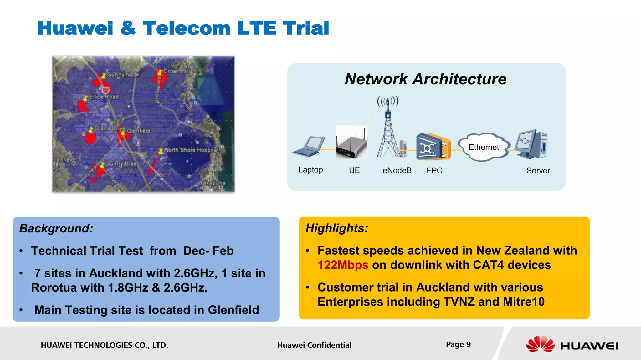 Huawei & Telecom LTE Trial

                                                                Network Architecture



                                                                                          Ethernet

                                                    Laptop       UE   eNodeB   EPC                   Server




Background:                                           Highlights:
• Technical Trial Test from Dec- Feb                  • Fastest speeds achieved in New Zealand with
                                                        122Mbps on downlink with CAT4 devices
• 7 sites in Auckland with 2.6GHz, 1 site in
  Rorotua with 1.8GHz & 2.6GHz.                       • Customer trial in Auckland with various
                                                        Enterprises including TVNZ and Mitre10
• Main Testing site is located in Glenfield

   HUAWEI TECHNOLOGIES CO., LTD.               Huawei Confidential                   Page 9
 