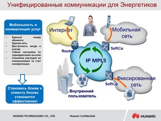 Унифицированные коммуникации для Энергетиков


  Мобильность и
конвергенция услуг            Интернет                            Мобильная
•     Единый         номер                                           сеть
      абонента
•     Единая сеть
•     Доступность везде и
      всегда                                                      SoftCo
•     Гибкие настройки по             Router
      переадресации вызова
•     Снижение расходов на
      коммуникации за счет
      конвергенции.
                                                      IP MPLS


                                                                      Фиксированная
                                                                SoftCo     сеть
    Становясь ближе к
     клиенту бизнес                       Внутренний
       становится                        пользователь
      эффективнее!



      HUAWEI TECHNOLOGIES CO., LTD.       Huawei Confidential
 