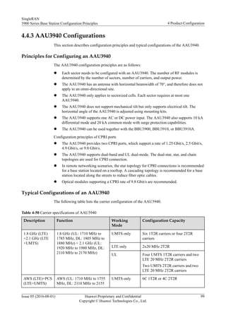 4.4.3 AAU3940 Configurations
This section describes configuration principles and typical configurations of the AAU3940.
Principles for Configuring an AAU3940
The AAU3940 configuration principles are as follows:
l Each sector needs to be configured with an AAU3940. The number of RF modules is
determined by the number of sectors, number of carriers, and output power.
l The AAU3940 has an antenna with horizontal beamwidth of 70°, and therefore does not
apply to an omni-directional site.
l The AAU3940 only applies to sectorized cells. Each sector requires at most one
AAU3940.
l The AAU3940 does not support mechanical tilt but only supports electrical tilt. The
horizontal angle of the AAU3940 is adjusted using mounting kits.
l The AAU3940 supports one AC or DC power input. The AAU3940 also supports 10 kA
differential mode and 20 kA common mode with surge protection capabilities.
l The AAU3940 can be used together with the BBU3900, BBU3910, or BBU3910A.
Configuration principles of CPRI ports
l The AAU3940 provides two CPRI ports, which support a rate of 1.25 Gbit/s, 2.5 Gbit/s,
4.9 Gbit/s, or 9.8 Gbit/s.
l The AAU3940 supports dual-band and UL dual-mode. The dual-star, star, and chain
topologies are used for CPRI connection.
l In remote networking scenarios, the star topology for CPRI connections is recommended
for a base station located on a rooftop. A cascading topology is recommended for a base
station located along the streets to reduce fiber optic cables.
l Optical modules supporting a CPRI rate of 9.8 Gbit/s are recommended.
Typical Configurations of an AAU3940
The following table lists the carrier configuration of the AAU3940.
Table 4-50 Carrier specifications of AAU3940
Description Function Working
Mode
Configuration Capacity
1.8 GHz (LTE)
+2.1 GHz (LTE
+UMTS)
1.8 GHz (UL: 1710 MHz to
1785 MHz, DL: 1805 MHz to
1880 MHz) + 2.1 GHz (UL:
1920 MHz to 1980 MHz, DL:
2110 MHz to 2170 MHz)
UMTS only Six 1T2R carriers or four 2T2R
carriers
LTE only 2x20 MHz 2T2R
UL Four UMTS 1T2R carriers and two
LTE 20 MHz 2T2R carriers
Two UMTS 2T2R carriers and two
LTE 20 MHz 2T2R carriers
AWS (LTE)+PCS
(LTE+UMTS)
AWS (UL: 1710 MHz to 1755
MHz, DL: 2110 MHz to 2155
UMTS only 6C 1T2R or 4C 2T2R
SingleRAN
3900 Series Base Station Configuration Principles 4 Product Configuration
Issue 05 (2016-08-01) Huawei Proprietary and Confidential
Copyright © Huawei Technologies Co., Ltd.
99
 