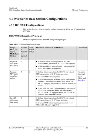 4.1 3900 Series Base Station Configurations
4.1.1 BTS3900 Configurations
This section describes the principles for configuring cabinets, BBUs, and RF modules in a
BTS3900.
BTS3900 Configuration Principles
The following table lists the BTS3900 configuration principles.
Table 4-1 BTS3900 configuration principles
Single-,
Dual-, or
Triple-
Mode Base
Station
Maximu
m
Number
of
Cabinet
s
Num
ber of
BBUs
Maximum Number of RF Modules Description
Single- or
dual-mode
base station
2 1 l If the base station is configured with RFUs but
without RRUs, a maximum of 12 RFUs are supported.
l If RFUs and RRUs are configured, a maximum of 12
RFUs and 6 RRUs are supported.
-
Separate-
MPT triple-
mode base
station
2 2 If the base station is configured with RFUs but without
RRUs, a maximum of 12 RFUs are supported.
If RFUs and RRUs are configured:
l A BTS3900 using the BTS3900 (Ver.B/Ver.C) cabinet
supports a maximum of 12 RFUs and 6 RRUs. The
DCDU supplying power to RRUs must be installed on
a wall.
l A site using the Ver.D cabinet supports a maximum of
12 RFUs, 6 high-power RRUs, and 3 low-power
RRUs. The DCDU supplying power to RRUs can be
installed in the BTS3900 cabinet.
For details
about high-
power
RRUs, see 2
Overview.
Co-MPT
triple-mode
base station
2 1 If the base station is configured with RFUs but without
RRUs, a maximum of 12 RFUs are supported.
If RFUs and RRUs are configured, a maximum of 12
RFUs and 6 RRUs are supported.
-
SingleRAN
3900 Series Base Station Configuration Principles 4 Product Configuration
Issue 05 (2016-08-01) Huawei Proprietary and Confidential
Copyright © Huawei Technologies Co., Ltd.
10
 