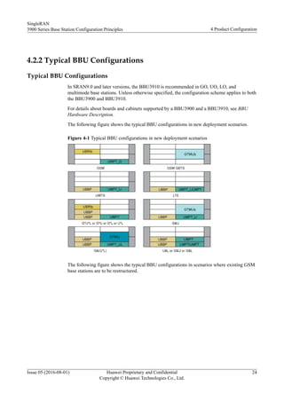 4.2.2 Typical BBU Configurations
Typical BBU Configurations
In SRAN9.0 and later versions, the BBU3910 is recommended in GO, UO, LO, and
multimode base stations. Unless otherwise specified, the configuration scheme applies to both
the BBU3900 and BBU3910.
For details about boards and cabinets supported by a BBU3900 and a BBU3910, see BBU
Hardware Description.
The following figure shows the typical BBU configurations in new deployment scenarios.
Figure 4-1 Typical BBU configurations in new deployment scenarios
The following figure shows the typical BBU configurations in scenarios where existing GSM
base stations are to be restructured.
SingleRAN
3900 Series Base Station Configuration Principles 4 Product Configuration
Issue 05 (2016-08-01) Huawei Proprietary and Confidential
Copyright © Huawei Technologies Co., Ltd.
24
 