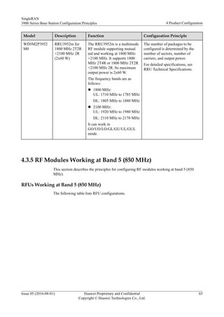 Model Description Function Configuration Principle
WD5M2P3952
M0
RRU3952m for
1800 MHz 2T2R
+2100 MHz 2R
(2x60 W)
The RRU3952m is a multimode
RF module supporting mutual
aid and working at 1800 MHz
+2100 MHz. It supports 1800
MHz 2T4R or 1800 MHz 2T2R
+2100 MHz 2R. Its maximum
output power is 2x60 W.
The frequency bands are as
follows:
l 1800 MHz:
UL: 1710 MHz to 1785 MHz
DL: 1805 MHz to 1880 MHz
l 2100 MHz:
UL: 1920 MHz to 1980 MHz
DL: 2110 MHz to 2170 MHz
It can work in
GO/UO/LO/GL/GU/UL/GUL
mode.
The number of packages to be
configured is determined by the
number of sectors, number of
carriers, and output power.
For detailed specifications, see
RRU Technical Specifications.
4.3.5 RF Modules Working at Band 5 (850 MHz)
This section describes the principles for configuring RF modules working at band 5 (850
MHz).
RFUs Working at Band 5 (850 MHz)
The following table lists RFU configurations.
SingleRAN
3900 Series Base Station Configuration Principles 4 Product Configuration
Issue 05 (2016-08-01) Huawei Proprietary and Confidential
Copyright © Huawei Technologies Co., Ltd.
65
 