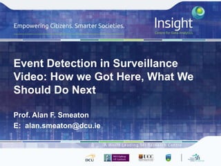 Event Detection in Surveillance
Video: How we Got Here, What We
Should Do Next
Prof. Alan F. Smeaton
E: alan.smeaton@dcu.ie
 