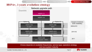 HSPA+, 3 years evolution strategy  Step 3 HSDPA 42 M 64 QAM+MIMO HSDPA 21M 64 QAM HSDPA 14.4 Network upgrade path Downlink Option A Option B Step 1 Step 2 HSDPA 42M  DC-HSPA HSDPA 28M MIMO HSDPA 84M  DCr + 64QAM + MIMO Choice depends on available frequencies, service type, operators strategy  and eco-system maturity HSDPA 7.2 Indicative timeframe (E2E availability) 2009-2010 2010 H2 2011 Networking topology Spectrum efficiency Gain New & Refarming Spectrum 