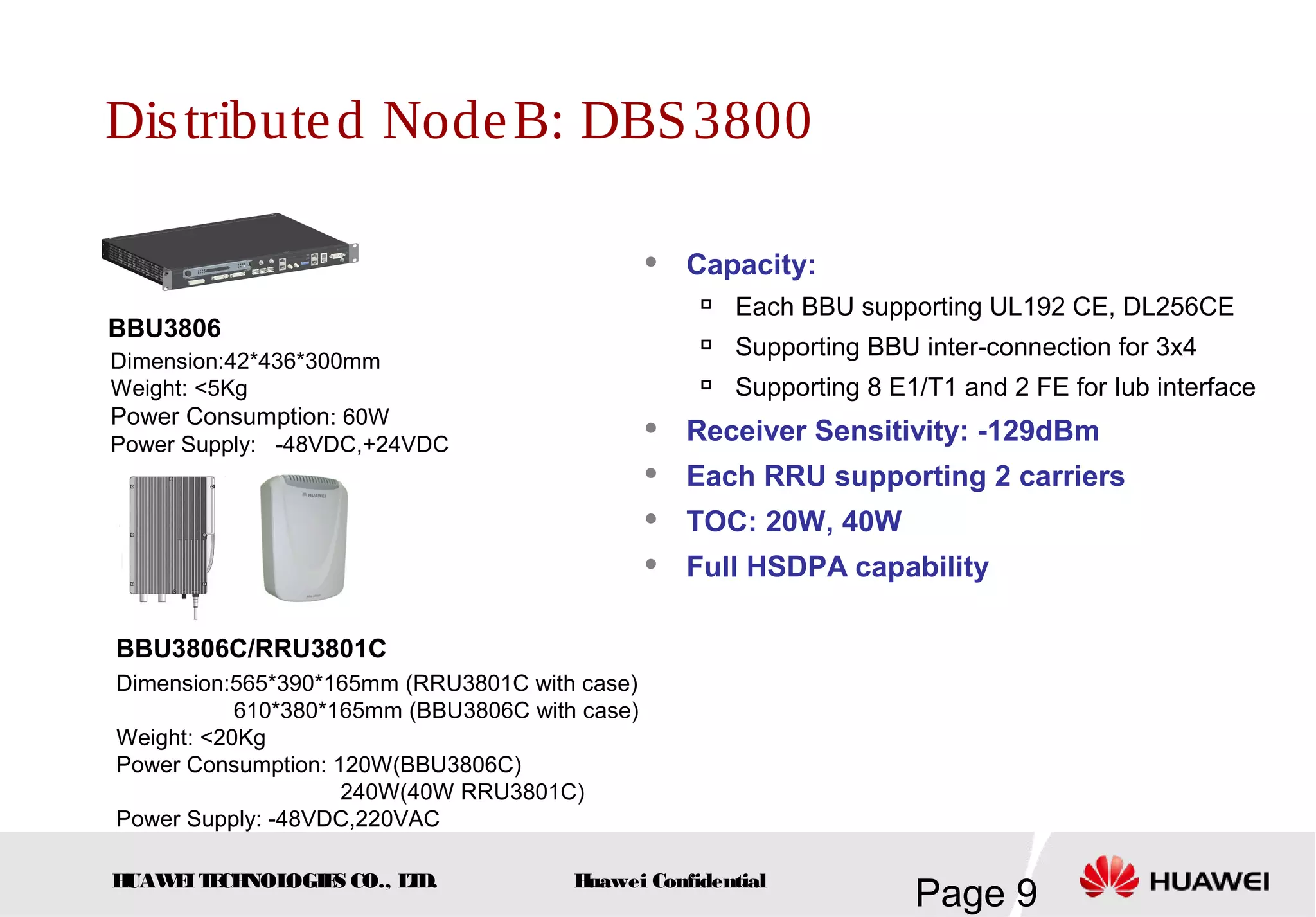 HUAWEITECHNOLOGIES CO., LTD.
Page 9Huawei Confidential
Distributed NodeB: DBS3800
BBU3806
 Capacity:

Each BBU supporting UL192 CE, DL256CE

Supporting BBU inter-connection for 3x4

Supporting 8 E1/T1 and 2 FE for Iub interface
 Receiver Sensitivity: -129dBm
 Each RRU supporting 2 carriers
 TOC: 20W, 40W
 Full HSDPA capability
BBU3806C/RRU3801C
Dimension:42*436*300mm
Weight: <5Kg
Power Consumption: 60W
Power Supply: -48VDC,+24VDC
Dimension:565*390*165mm (RRU3801C with case)
610*380*165mm (BBU3806C with case)
Weight: <20Kg
Power Consumption: 120W(BBU3806C)
240W(40W RRU3801C)
Power Supply: -48VDC,220VAC
 