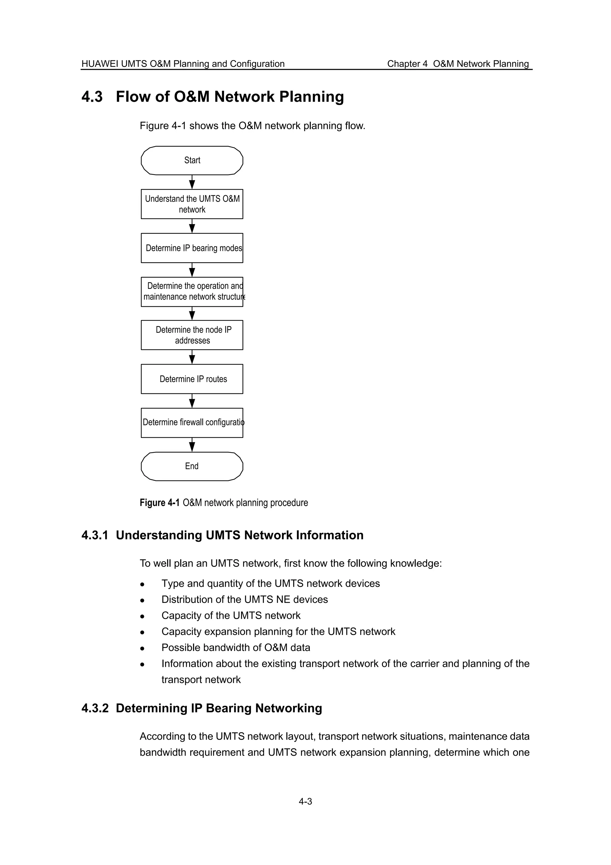 HUAWEI UMTS O&M Planning and Configuration Chapter 4 O&M Network Planning
4-3
4.3 Flow of O&M Network Planning
Figure 4-1 shows the O&M network planning flow.
Start
Understand the UMTS O&M
network
Determine IP bearing modes
Determine the operation and
maintenance network structure
Determine the node IP
addresses
Determine IP routes
End
Determine firewall configuratio
Figure 4-1 O&M network planning procedure
4.3.1 Understanding UMTS Network Information
To well plan an UMTS network, first know the following knowledge:
Type and quantity of the UMTS network devices
Distribution of the UMTS NE devices
Capacity of the UMTS network
Capacity expansion planning for the UMTS network
Possible bandwidth of O&M data
Information about the existing transport network of the carrier and planning of the
transport network
4.3.2 Determining IP Bearing Networking
According to the UMTS network layout, transport network situations, maintenance data
bandwidth requirement and UMTS network expansion planning, determine which one
 