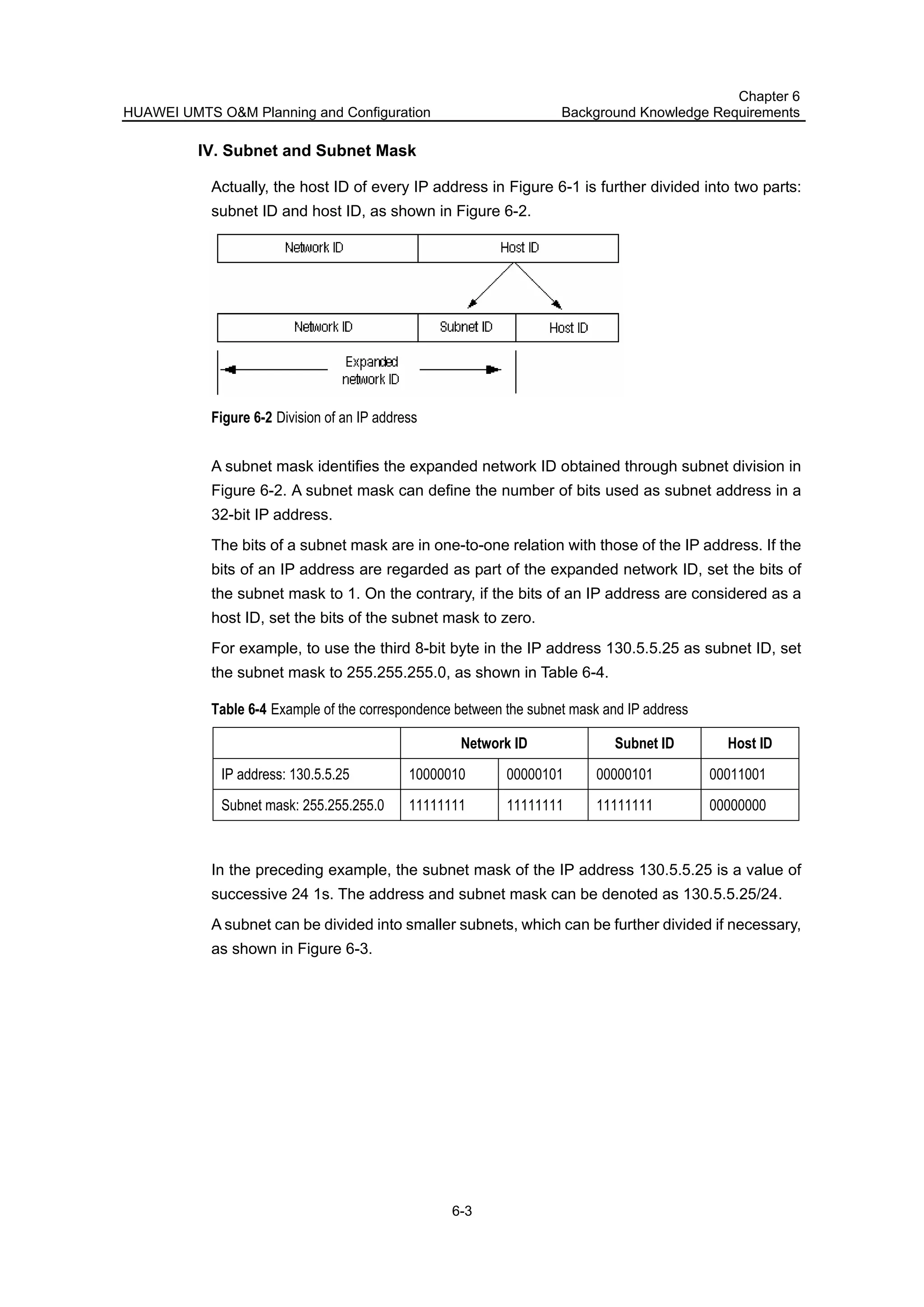 HUAWEI UMTS O&M Planning and Configuration
Chapter 6
Background Knowledge Requirements
6-3
IV. Subnet and Subnet Mask
Actually, the host ID of every IP address in Figure 6-1 is further divided into two parts:
subnet ID and host ID, as shown in Figure 6-2.
Figure 6-2 Division of an IP address
A subnet mask identifies the expanded network ID obtained through subnet division in
Figure 6-2. A subnet mask can define the number of bits used as subnet address in a
32-bit IP address.
The bits of a subnet mask are in one-to-one relation with those of the IP address. If the
bits of an IP address are regarded as part of the expanded network ID, set the bits of
the subnet mask to 1. On the contrary, if the bits of an IP address are considered as a
host ID, set the bits of the subnet mask to zero.
For example, to use the third 8-bit byte in the IP address 130.5.5.25 as subnet ID, set
the subnet mask to 255.255.255.0, as shown in Table 6-4.
Table 6-4 Example of the correspondence between the subnet mask and IP address
Network ID Subnet ID Host ID
IP address: 130.5.5.25 10000010 00000101 00000101 00011001
Subnet mask: 255.255.255.0 11111111 11111111 11111111 00000000
In the preceding example, the subnet mask of the IP address 130.5.5.25 is a value of
successive 24 1s. The address and subnet mask can be denoted as 130.5.5.25/24.
A subnet can be divided into smaller subnets, which can be further divided if necessary,
as shown in Figure 6-3.
 