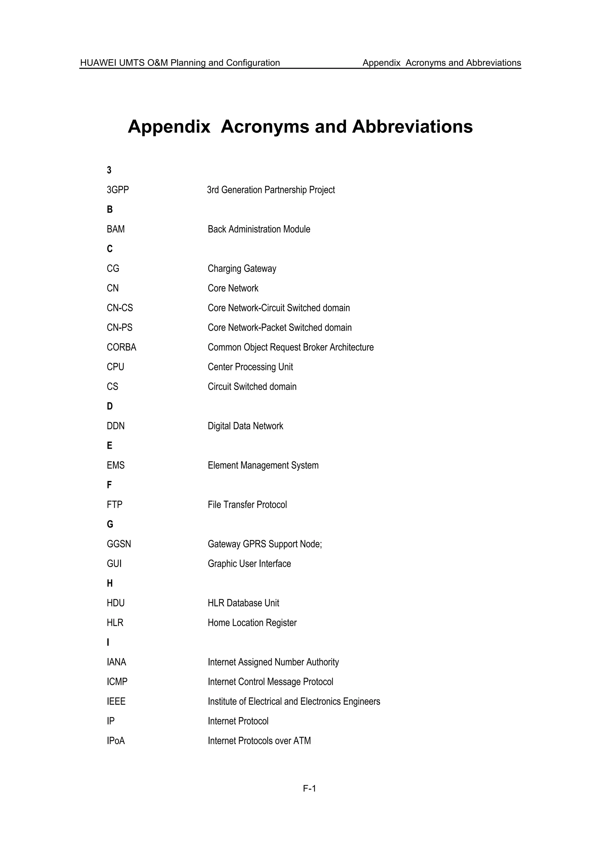 HUAWEI UMTS O&M Planning and Configuration Appendix Acronyms and Abbreviations
F-1
Appendix Acronyms and Abbreviations
3
3GPP 3rd Generation Partnership Project
B
BAM Back Administration Module
C
CG Charging Gateway
CN Core Network
CN-CS Core Network-Circuit Switched domain
CN-PS Core Network-Packet Switched domain
CORBA Common Object Request Broker Architecture
CPU Center Processing Unit
CS Circuit Switched domain
D
DDN Digital Data Network
E
EMS Element Management System
F
FTP File Transfer Protocol
G
GGSN Gateway GPRS Support Node;
GUI Graphic User Interface
H
HDU HLR Database Unit
HLR Home Location Register
I
IANA Internet Assigned Number Authority
ICMP Internet Control Message Protocol
IEEE Institute of Electrical and Electronics Engineers
IP Internet Protocol
IPoA Internet Protocols over ATM
 