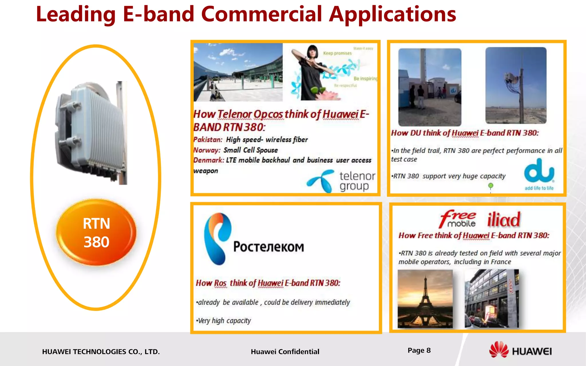 Leading E-band Commercial Applications 
RTN 
380 
HUAWEI TECHNOLOGIES CO., LTD. Huawei Confidential Page 8 
 