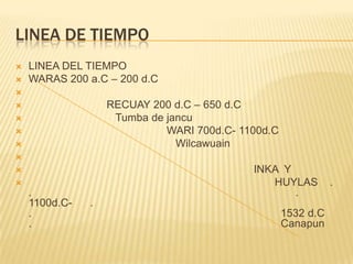LINEA DE TIEMPOLINEA DEL TIEMPOWARAS 200 a.C – 200 d.C                           RECUAY 200 d.C – 650 d.C                             Tumba de jancu                                              WARI 700d.C- 1100d.CWilcawuain                                                                            INKA  Y                                                                                  HUYLAS    .       .                                                                                        .                                                                                   1100d.C-      .                                                                                        .                                                                                   1532 d.C                                                                                                 .                                                                                   Canapun