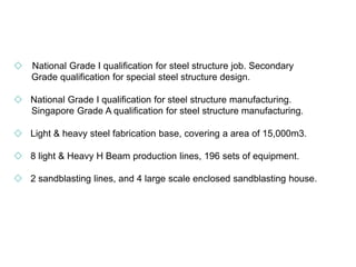 ◇ National Grade I qualification for steel structure job. Secondary
Grade qualification for special steel structure design.
◇ National Grade I qualification for steel structure manufacturing.
Singapore Grade A qualification for steel structure manufacturing.
◇ Light & heavy steel fabrication base, covering a area of 15,000m3.
◇ 8 light & Heavy H Beam production lines, 196 sets of equipment.
◇ 2 sandblasting lines, and 4 large scale enclosed sandblasting house.
 
