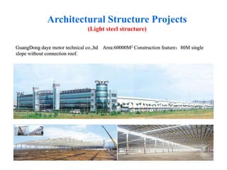 GuangDong daye motor technical co.,ltd Area:60000M2 Construction feature：80M single
slope without connection roof.
Architectural Structure Projects
(Light steel structure)
 