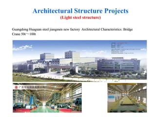 Guangdong Huaguan steel jiangmen new factory Architectural Characteristics: Bridge
Crane 50t～100t
Architectural Structure Projects
(Light steel structure)
 