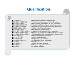 Qualification
●工商营业执照
●钢结构专业承包壹级资质
●钢结构制造壹级资质
●钢结构专项设计乙级资质
●新加坡钢结构制造S1级
●ISO9001:2008认证企业
●道路运输经营许可证
●质量、服务、信誉AAA级企业
●中国建筑金属结构协会会员
●广东省空间结构协会理事单位
●国税、地税登记证
●安全生产许可证书
●组织机构代码证
●中国质量服务诚信单位
●卫生许可证
●进出口资格证书
●商标注册证
●消防合格证
● Industrial and commercial business license
● Steel Professional Contract of Grade 1 Qualification
● Steel Structure Manufacturing of Grad 1 Qualification
● Grade B qualification of Special design for steel structure
● S1 Qualification for Singapore Steel Structure Manufacturing
● ISO9001: 2008 Certified Company
● Road transport operation license
● Quality, Service, Reputation AAA level enterprise
● Member of China Construction Metal Structure Association
● Guangdong Provincial Association unit of spatial structure
● Tax, Land tax registration certificate
● Safety Production License
● Organization Code Certificate
● China Quality Service Integrity Unit
● Health License
● Import and Export Certificate
● Trademark Registration certificate
● Fire safety certificate
 