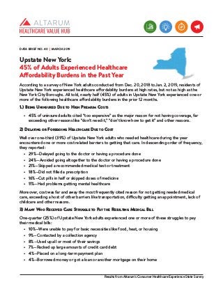 Upstate New York:
45% of Adults Experienced Healthcare
Affordability Burdens in the Past Year
According to a survey of New York adults conducted from Dec. 20, 2018 to Jan. 2, 2019, residents of
Upstate New York experienced healthcare affordability burdens at high rates, but not as high as the
New York City Boroughs. All told, nearly half (45%) of adults in Upstate New York experienced one or
more of the following healthcare affordability burdens in the prior 12 months.
1.) Being Uninsured Due to High Premium Costs
•	 45% of uninsured adults cited “too expensive” as the major reason for not having coverage, far
exceeding other reasons like “don’t need it,” “don’t know how to get it” and other reasons.
2) Delaying or Foregoing Healthcare Due to Cost
Well over one-third (39%) of Upstate New York adults who needed healthcare during the year
encountered one or more cost related barriers to getting that care. In descending order of frequency,
they reported:
•	 29%—Delayed going to the doctor or having a procedure done
•	 24%—Avoided going altogether to the doctor or having a procedure done
•	 21%—Skipped a recommended medical test or treatment
•	 18%—Did not filled a prescription
•	 16%—Cut pills in half or skipped doses of medicine
•	 11%—Had problems getting mental healthcare
Moreover, cost was far and away the most frequently cited reason for not getting needed medical
care, exceeding a host of other barriers like transportation, difficulty getting an appointment, lack of
childcare and other reasons.
3) Many Who Received Care Struggle to Pay the Resulting Medical Bill
One-quarter (25%) of Upstate New York adults experienced one or more of these struggles to pay
their medical bills:
•	 10%—Were unable to pay for basic necessities like food, heat, or housing
•	 9%—Contacted by a collection agency
•	 8%—Used up all or most of their savings
•	 7%—Racked up large amounts of credit card debt
•	 4%—Placed on a long-term payment plan
•	 4%—Borrowed money or got a loan or another mortgage on their home
	 Results from Altarum's Consumer Healthcare Experience State Survey
DATA BRIEF NO. 40 | MARCH 2019
 