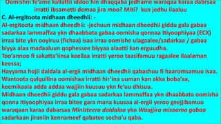 Oomishni fe’ame kallattii iddoo hin dhaqqaba jedhame waraqaa karaa dabrsaa
irratti ibsametti demaa jira moo? Miti? kan jedhu ilaaluu
C. Al-ergitoota midhaan dheedhii: -
Al-ergitoota midhaan dheedhii: -jechuun midhaan dheedhii giddu gala gabaa
sadarkaa lammaffaa ykn dhaabbata gabaa oomisha qonnaa Itiyoophiyaa (ECX)
irraa bite ykn ooyiruu (fichaa) isaa irraa oomishe ulagaalee/sadarkaa / gabaa
biyya alaa madaaluun qophessee biyyaa alaatti kan erguudha.
Too’annoo fi sakatta’iinsa keellaa irratti yeroo taasifamuu ragaalee ilaalaman
keessa;
Hayyama hojii daldala al-ergii midhaan dheedhii qabachuu fi haaromsamuu isaa.
Wantoota qulqullina oomishaa irratti hir’ina uuman kan akka boba’aa,
keemikaala adda addaa wajjiin kuusuu ykn fe’uu dhisuu.
Midhaan dheedhii giddu gala gabaa sadarkaa lammaffaa ykn dhaabbata oomisha
qonna Itiyoophiyaa irraa bitee gara mana kuusaa al-ergii yeroo geejjibamuu
waraqaan karaa dabarsaa Ministeera daldalaa ykn Waajjira misooma gabaa
sadarkaan jiraniin kennameef qabatee socho’u qaba.
 