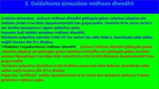 E. Daldaltoota qinxaaboo midhaan dheedhii
Daldalaa qinxaaboo: -jechuun midhaan dheedhii giddugala gabaa sadarkaa jalqabaa ykn
daldalaa jimlaa irraa bitee fayyadamtootatti kan gurguruudha. Oomisha fe’ee yeroo socha’u
ykn keellaa qaxxaamuru ragaan qabachuu qabu,
hayyama hojii daldala qinxaboo midhaan dheedhii,
Wantoota qulqullina oomisha irratti hir’ina uuman kan akka boba’a, keemikaala adda addaa
wajjiin kuusuu ykn fe’u dhabuu.
F.Waldalee Fayyadamtoota midhaan dheedhii: - jechuun midhaan dheedhii giddugala gabaa
sadarkaa jalqabaa ykn giddugala gabaa sadarkaa lammaffaa ykn giddugala gabaa oomisha
qonnaa Itiyoophiyaa irraa bitee iddo oomishni kun hin jirretti dhiyeesse fayadamtootatti kan
gurguruudha.
Wantoota qulqullina Oomishaa irratti hirdhina uuman kan akka boba’aa, keemikaala adda
addaa wajjin kuusuu ykn fe’uu dhabuu
Ragaa ykn ‘certificate’ waldaa fayyadamtoota ta’uu isaani ibsu qabatanii socha’uu fi yeroo
gafataman argisisuu qabu.
 