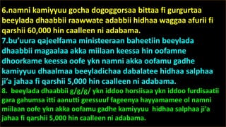6.namni kamiyyuu gocha dogoggorsaa bittaa fi gurgurtaa
beeylada dhaabbii raawwate adabbii hidhaa waggaa afurii fi
qarshii 60,000 hin caalleen ni adabama.
7.bu’uura qajeelfama ministeeraan baheetiin beeylada
dhaabbii magaalaa akka miilaan keessa hin oofamne
dhoorkame keessa oofe ykn namni akka oofamu gadhe
kamiyyuu dhaalmaa beeyladichaa dabalatee hidhaa salphaa
ji’a jahaa fi qarshii 5,000 hin caalleen ni adabama.
8. beeylada dhaabbii g/g/g/ ykn iddoo horsiisaa ykn iddoo furdisaatii
gara gahumsa itti aanutti geessuuf fageenya hayyamamee ol namni
miilaan oofe ykn akka oofamu gadhe kamiyyuu hidhaa salphaa ji’a
jahaa fi qarshii 5,000 hin caalleen ni adabama.
 