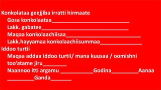 Konkolataa geejjiba irratti hirmaate
Gosa konkolaataa__________________________
Lakk. gabatee_____________________________
Maqaa konkolaachiisaa_________________________
Lakk.hayyamaa konkolaachiisummaa______________
Iddoo turtii
Maqaa addaa iddoo turtii/ mana kuusaa / oomishni
too’atame jiru________
Naannoo itti argamu ___________Godina_________Aanaa
_________Ganda_______
 