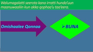 Walumagalatti seerota kana irratti hunda’uun
maanuwaaliin kun akka qophaa’u taa’eera.
Omishaalee Qonnaa BUNA
 