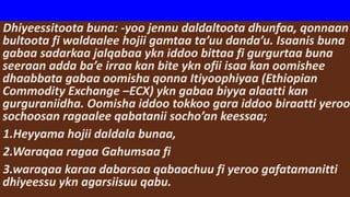Dhiyeessitoota buna: -yoo jennu daldaltoota dhunfaa, qonnaan
bultoota fi waldaalee hojii gamtaa ta’uu danda’u. Isaanis buna
gabaa sadarkaa jalqabaa ykn iddoo bittaa fi gurgurtaa buna
seeraan adda ba’e irraa kan bite ykn ofii isaa kan oomishee
dhaabbata gabaa oomisha qonna Itiyoophiyaa (Ethiopian
Commodity Exchange –ECX) ykn gabaa biyya alaatti kan
gurguraniidha. Oomisha iddoo tokkoo gara iddoo biraatti yeroo
sochoosan ragaalee qabatanii socho’an keessaa;
1.Heyyama hojii daldala bunaa,
2.Waraqaa ragaa Gahumsaa fi
3.waraqaa karaa dabarsaa qabaachuu fi yeroo gafatamanitti
dhiyeessu ykn agarsiisuu qabu.
 