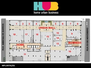 IMPLANTAÇÃO 
URBAN MALL 
RUA AMINTAS DE BARROS 
RUA XV DE NOVEMBRO HOME 
BUSINESS 
1 
5 
2 
3 
4 
6 
7 
8 17 
16 
18 
14 
15 
12 13 
9 
10 
11  