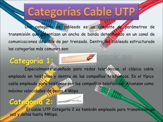 Una categoría de cableado es un conjunto de parámetros de transmisión que garantizan un ancho de banda determinado en un canal de comunicaciones de cable de par trenzado. Dentro del cableado estructurado las categorías más comunes son:  Especialmente diseñado para redes telefónicas, el clásico cable empleado en teléfonos y dentro de las compañías telefónicas.  Es el típico cable empleado para teléfonos por las compañías telefónicas. Alcanzan como máximo velocidades de hasta 4 Mbps El cable UTP Categoría 2 es también empleado para transmisión de voz y datos hasta 4Mbps.  