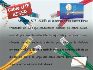 Un cable  UTP  RISER de construcción de cuatro pares trenzados de 23-Gage conductores aislados de cobre sólido, rodeado por una chaqueta interior ajustada y un co-extrusión, cámaras de aire cubierta exterior para eliminar la diafonía externa (ANEXT). El cable también incluye la construcción de un divisor de par a lo largo del cable centro para mantener la separación de los pares individuales.  