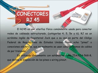 El RJ45 es una interfaz física comúnmente usada para conectar redes de cableado estructurado, (categorías 4, 5, 5e y 6). RJ es un acrónimo inglés de Registered Jack que a su vez es parte del Código Federal de Regulaciones de Estados Unidos. Posee ocho "pines" o conexiones eléctricas, que normalmente se usan como extremos de cables de par trenzado. Es utilizada comúnmente con estándares como TIA/EIA-568-B, que define la disposición de los pines o wiring pinout. 