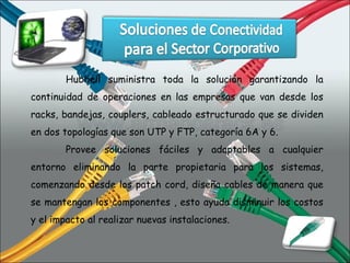 Hubbell suministra toda la solución garantizando la continuidad de operaciones en las empresas que van desde los racks, bandejas, couplers, cableado estructurado que se dividen en dos topologías que son UTP y FTP, categoría 6A y 6.  Provee soluciones fáciles y adaptables a cualquier entorno eliminando la parte propietaria para los sistemas, comenzando desde los patch cord, diseña cables de manera que se mantengan los componentes , esto ayuda disminuir los costos y el impacto al realizar nuevas instalaciones. 