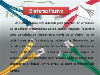 Un sistema pasivo está diseñado para soportar, sin alteración de las señales, transmisiones de voz, datos y imágenes. Toda esta gama de señales se transmiten a través de un mismo tipo de cable. Un sistema de cableado estructurado es físicamente, una red de cable única y completa. Con combinaciones de alambre de cobre ( UTP, FTP, STP ), cables de fibra óptica, bloques de conexión, cables terminados en diferentes tipos de conectores, adaptadores o “baluns”, entre otros., se cubre la totalidad del edificio . 