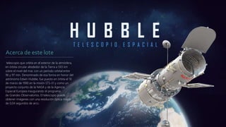 telescopio que orbita en el exterior de la atmósfera,
en órbita circular alrededor de la Tierra a 593 km
sobre el nivel del mar, con un período orbital entre
96 y 97 min. Denominado de esa forma en honor del
astrónomo Edwin Hubble, fue puesto en órbita el 10
de marzo de 1990 en la misión STS-31 y como un
proyecto conjunto de la NASA y de la Agencia
Espacial Europea inaugurando el programa
de Grandes Observatorios. El telescopio puede
obtener imágenes con una resolución óptica mayor
de 0,04 segundos de arco.
Acerca de este lote
 