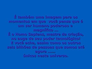 É também uma imagem para os momentos em que  você pensa que é um ser humano poderoso e  magnífico ... É o Homo Sapiens, mestre da criação, no auge de seu poder tecnológico! E você acha, assim como os outros seis bilhões de pessoas que somos até agora ... …   únicos neste universo. 
