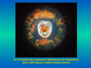 En troisième lieu apparaît la Nébuleuse de l’EsquimauEn troisième lieu apparaît la Nébuleuse de l’Esquimau
NGC 2392 située à 5000 années-lumièreNGC 2392 située à 5000 années-lumière
 