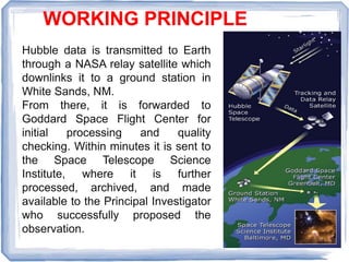 Hubble data is transmitted to Earth
through a NASA relay satellite which
downlinks it to a ground station in
White Sands, NM.
From there, it is forwarded to
Goddard Space Flight Center for
initial processing and quality
checking. Within minutes it is sent to
the Space Telescope Science
Institute, where it is further
processed, archived, and made
available to the Principal Investigator
who successfully proposed the
observation.
WORKING PRINCIPLE
 