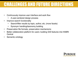 CHALLENGES AND FUTURE DIRECTIONS
• Continuously improve user interface and work flow
• A user-centered design process
• Improve search functionality
• Search/filter results by topic, author, etc. (more facets)
• Synonym handling/taxonomy building
• Preservation file formats, preservation mechanisms
• Better collaboration platform for users: building GIS features into HABRI
Central
• Semantic ontology
 