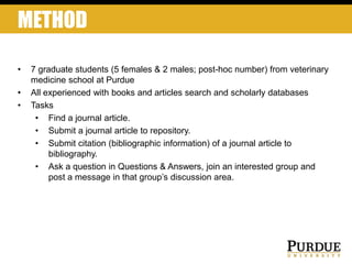 METHOD
• 7 graduate students (5 females & 2 males; post-hoc number) from veterinary
medicine school at Purdue
• All experienced with books and articles search and scholarly databases
• Tasks
• Find a journal article.
• Submit a journal article to repository.
• Submit citation (bibliographic information) of a journal article to
bibliography.
• Ask a question in Questions & Answers, join an interested group and
post a message in that group’s discussion area.
 