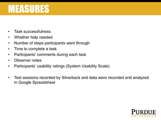 MEASURES
• Task successfulness
• Whether help needed
• Number of steps participants went through
• Time to complete a task
• Participants’ comments during each task
• Observer notes
• Participants’ usability ratings (System Usability Scale)
• Test sessions recorded by Silverback and data were recorded and analyzed
in Google Spreadsheet
 