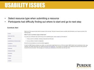 USABILITY ISSUES
• Select resource type when submitting a resource
• Participants had difficulty finding out where to start and go to next step
 