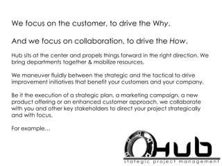 We focus on the customer, to drive the Why.
And we focus on collaboration, to drive the How.
Hub sits at the center and propels things forward in the right direction. We
bring departments together & mobilize resources.
We maneuver fluidly between the strategic and the tactical to drive
improvement initiatives that benefit your customers and your company.
Be it the execution of a strategic plan, a marketing campaign, a new
product offering or an enhanced customer approach, we collaborate
with you and other key stakeholders to direct your project strategically
and with focus.
For example…
 