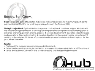 Ready. Set. Grow.
Goal: Lands’ End aimed to position its business-to-business division for maximum growth as the
premier Business Outfitter for small businesses up through the Fortune 1000.
Strategic Project Path: Synthesized marketplace, competitive & customer insights. Worked with
the senior management team to develop and implement a comprehensive marketing plan to
enhance branding, position, pricing, product & service development, as well as sales strategies
and operations. Directed marketing & creative development across all media: advertising, PR,
catalog, sales collateral, Internet. Communicated & secured endorsement and support for the
plan, enterprise-wide.
Results:
• Positioned the business for unprecedented sales growth
• Developed marketing strategies that led to earning multi-million dollar Fortune 1000 contracts
• Lands’ End Business Outfitters is one of the company’s fastest-growing businesses
 