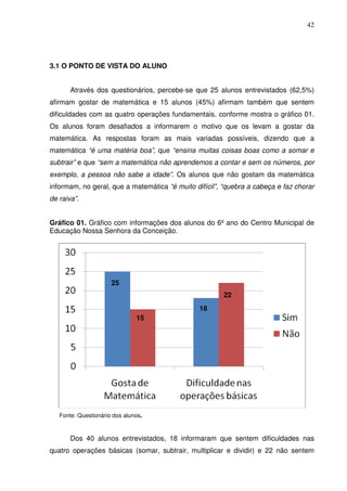 42




3.1 O PONTO DE VISTA DO ALUNO


       Através dos questionários, percebe-se que 25 alunos entrevistados (62,5%)
afirmam gostar de matemática e 15 alunos (45%) afirmam também que sentem
dificuldades com as quatro operações fundamentais, conforme mostra o gráfico 01.
Os alunos foram desafiados a informarem o motivo que os levam a gostar da
matemática. As respostas foram as mais variadas possíveis, dizendo que a
matemática “é uma matéria boa”, que “ensina muitas coisas boas como a somar e
subtrair” e que “sem a matemática não aprendemos a contar e sem os números, por
exemplo, a pessoa não sabe a idade”. Os alunos que não gostam da matemática
informam, no geral, que a matemática “é muito difícil”, “quebra a cabeça e faz chorar
de raiva”.


Gráfico 01. Gráfico com informações dos alunos do 6º ano do Centro Municipal de
Educação Nossa Senhora da Conceição.




                      25
                                                       22
                                                18
                               15




   Fonte: Questionário dos alunos.



       Dos 40 alunos entrevistados, 18 informaram que sentem dificuldades nas
quatro operações básicas (somar, subtrair, multiplicar e dividir) e 22 não sentem
 