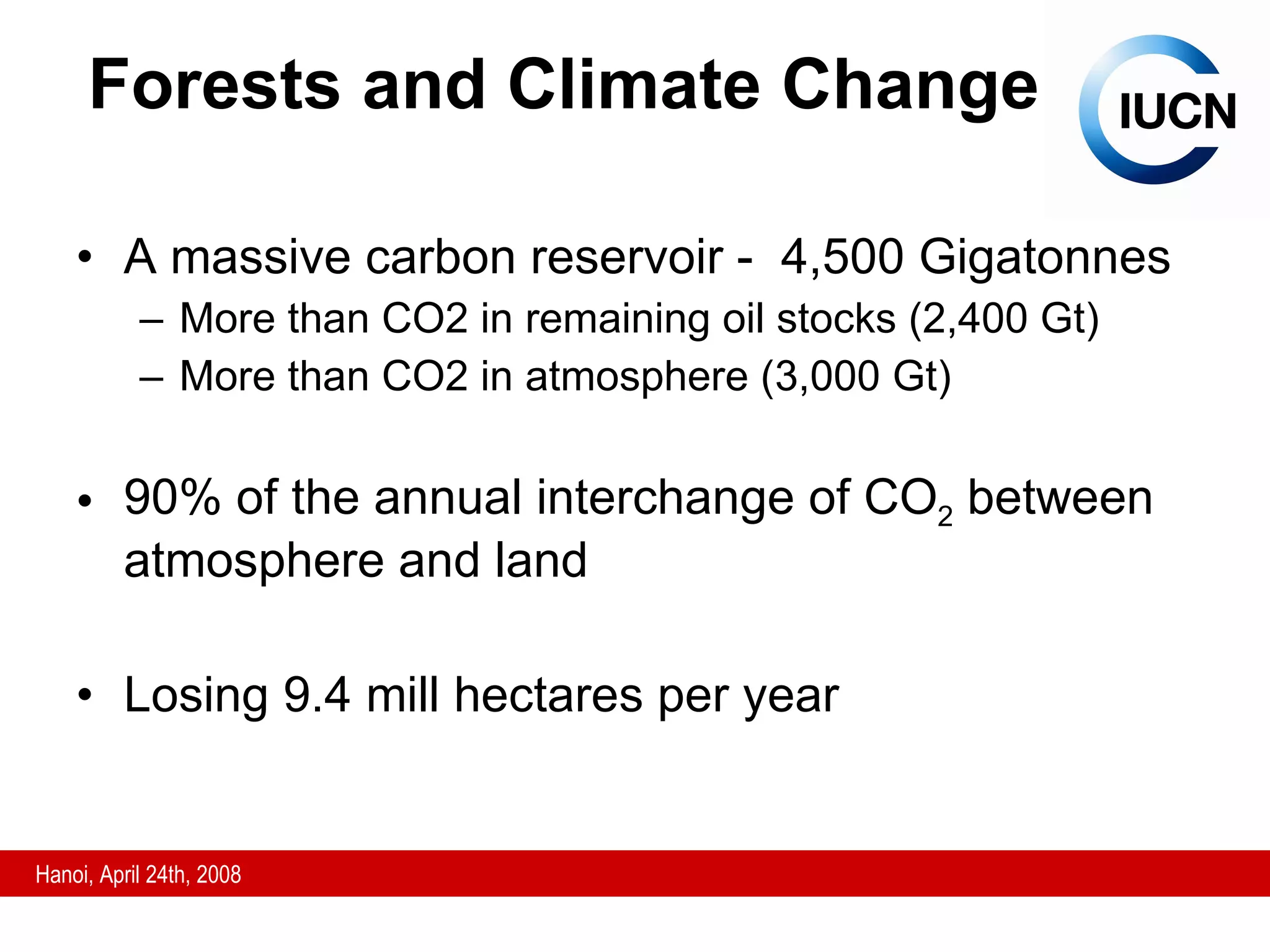 Forests and Climate Change A massive carbon reservoir -  4,500 Gigatonnes More than CO2 in remaining oil stocks (2,400 Gt) More than CO2 in atmosphere (3,000 Gt) 90% of the annual interchange of CO 2  between atmosphere and land  Losing 9.4 mill hectares per year 